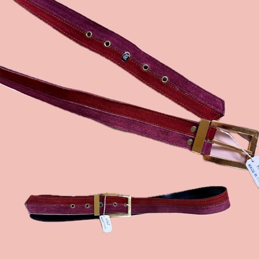 Vintage Mirage Belt Made in France – Red Pink Suede with Gold Buckle – Size 80